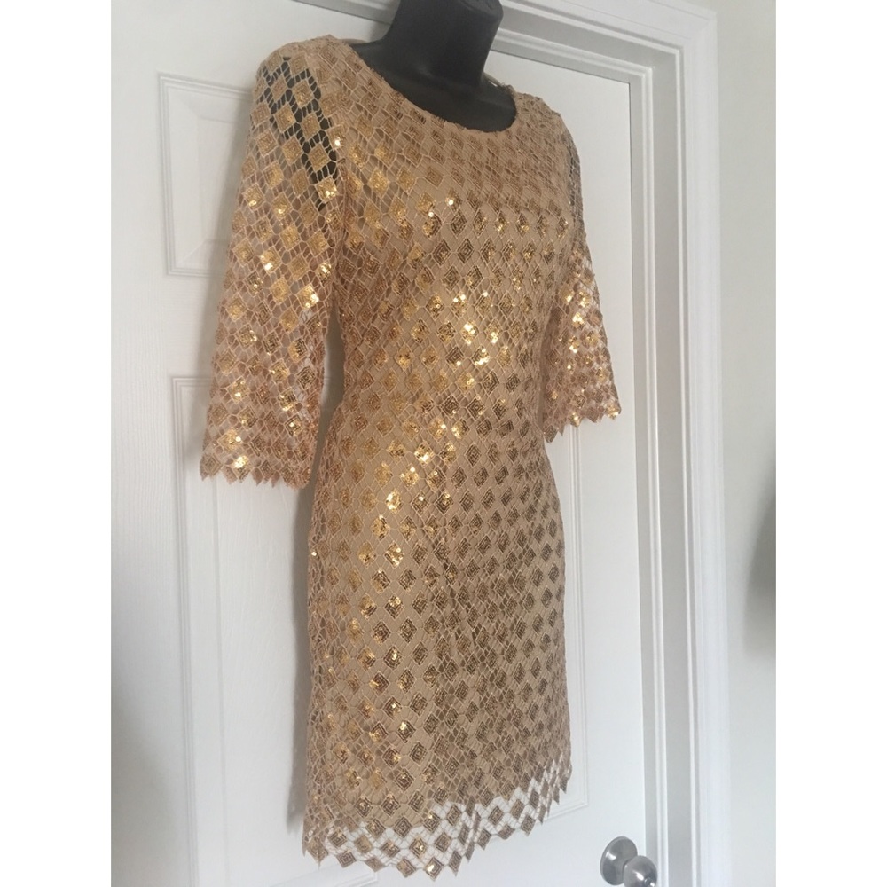 Gold Sequins 3/4 Sleeve Mini Dress - Picture 2 of 4